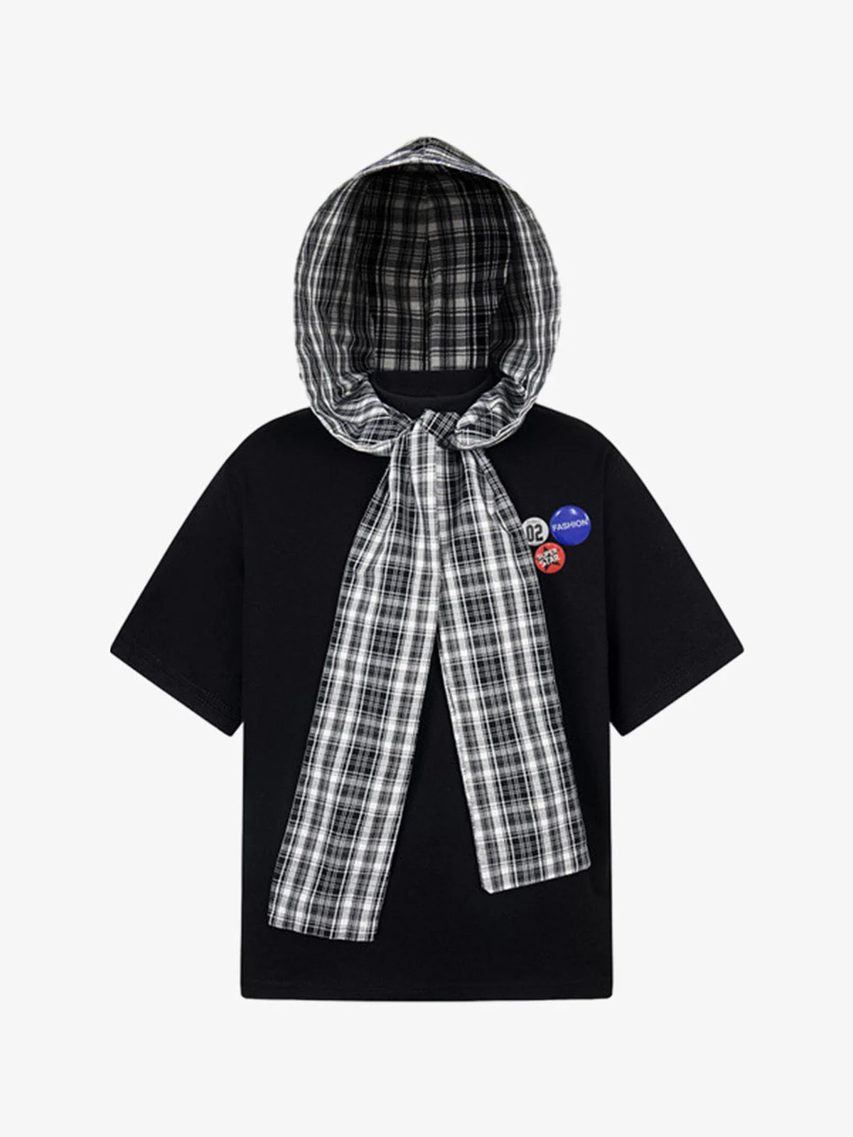 Detachable Badge Hooded Plaid Cape T-shirt - Image 3