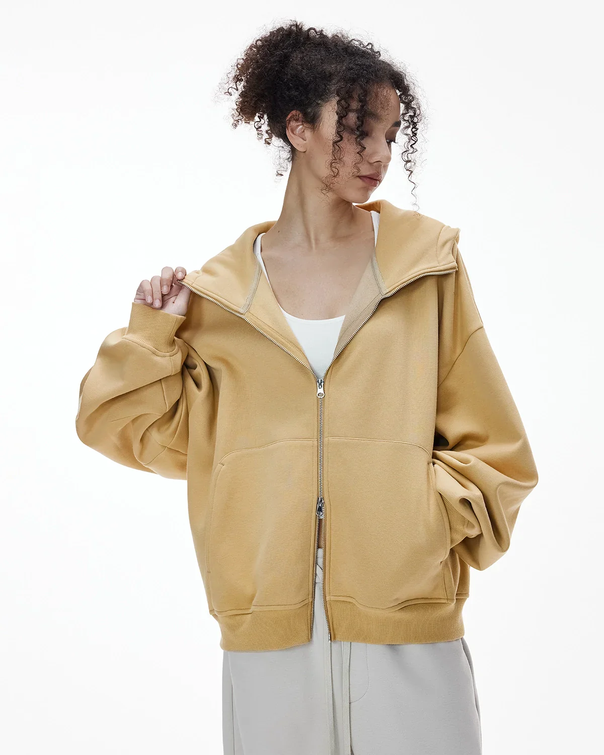 High Collar Fleece Double Zip-Up Hoodies - Image 10