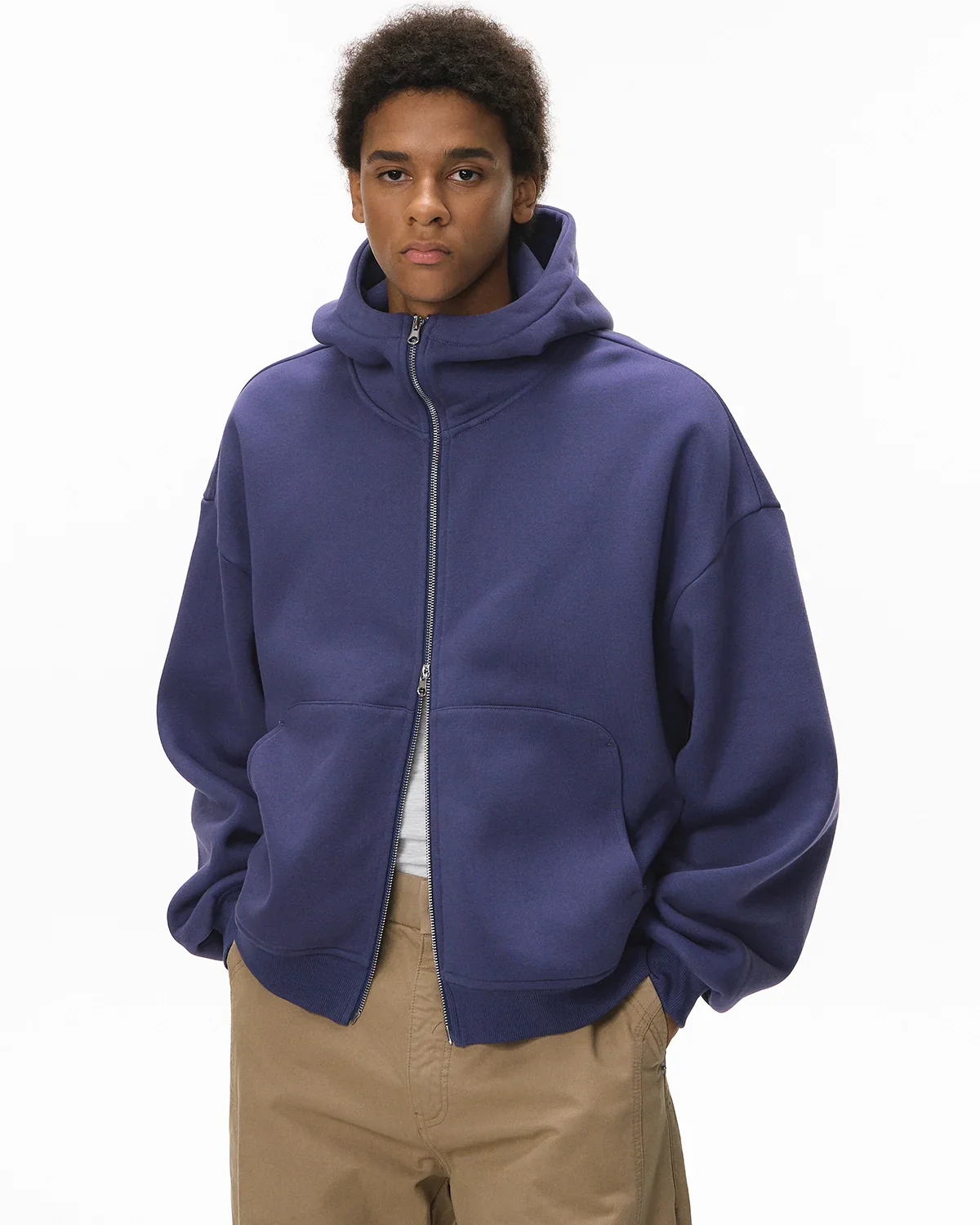 High Collar Fleece Double Zip-Up Hoodies - Image 11