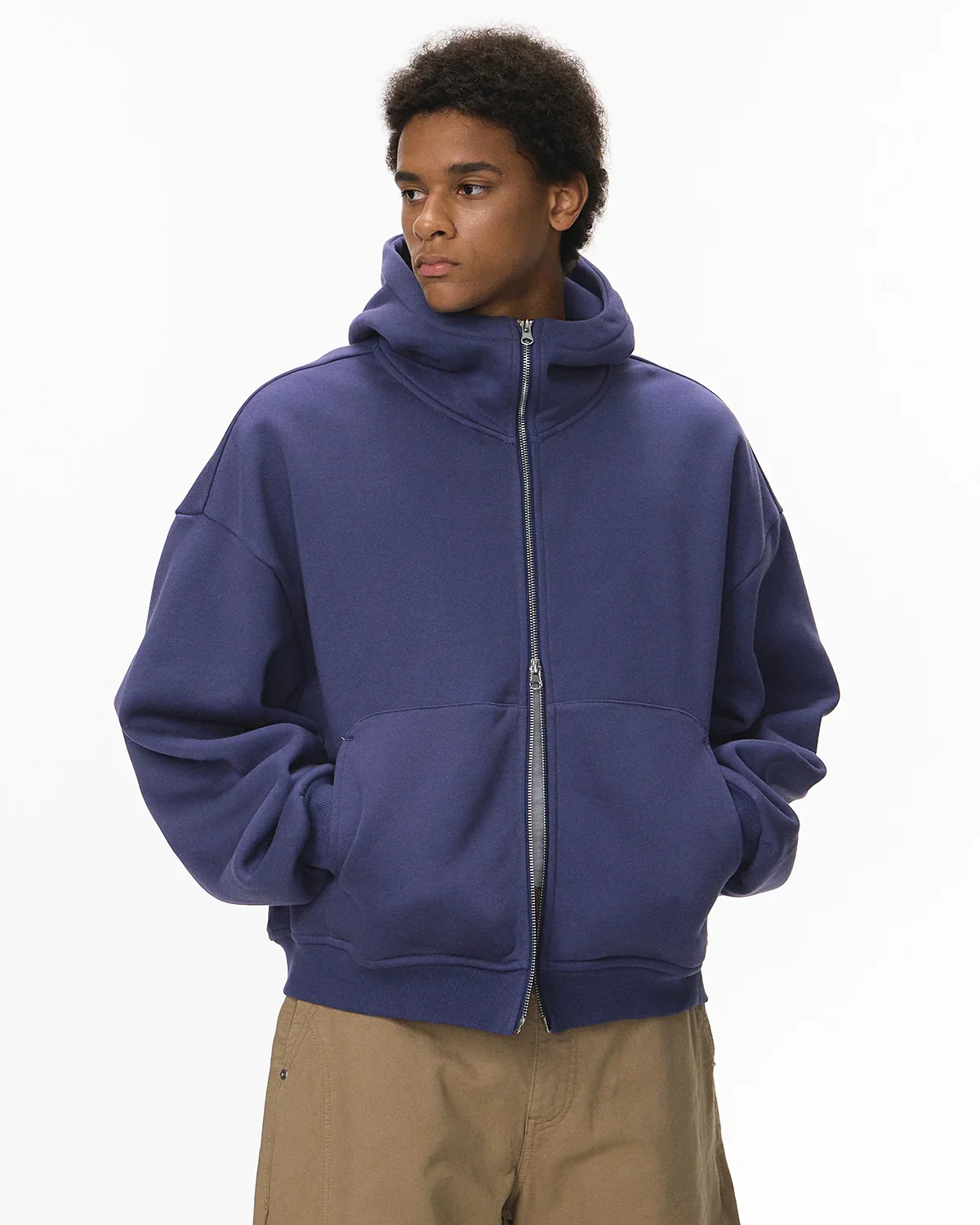 High Collar Fleece Double Zip-Up Hoodies - Image 12