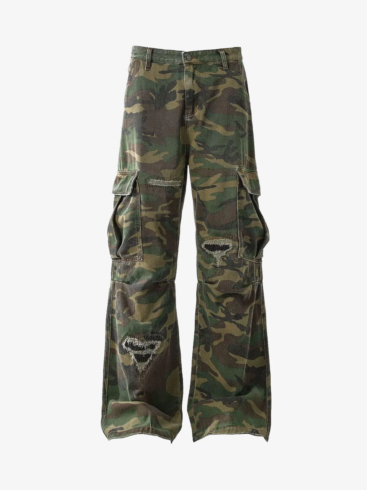 Ripped Camouflage Flared Cargo Pants - 2410