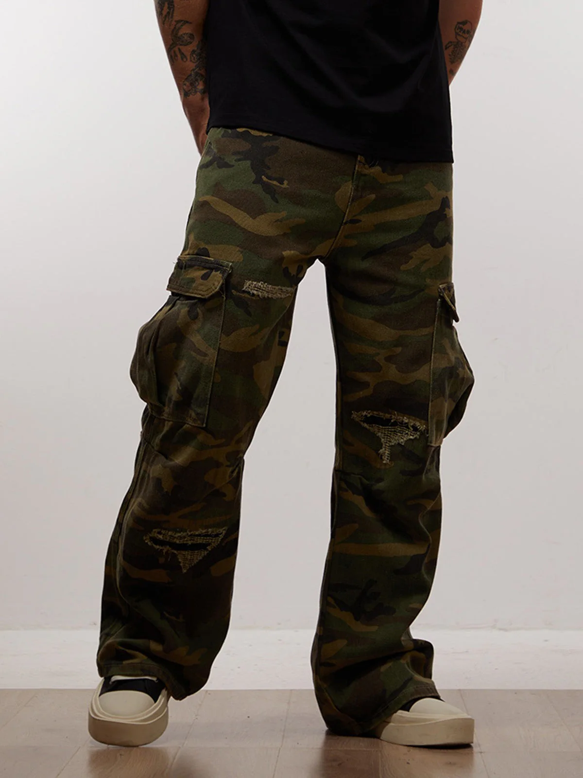 Ripped Camouflage Flared Cargo Pants - 2410 - Image 7